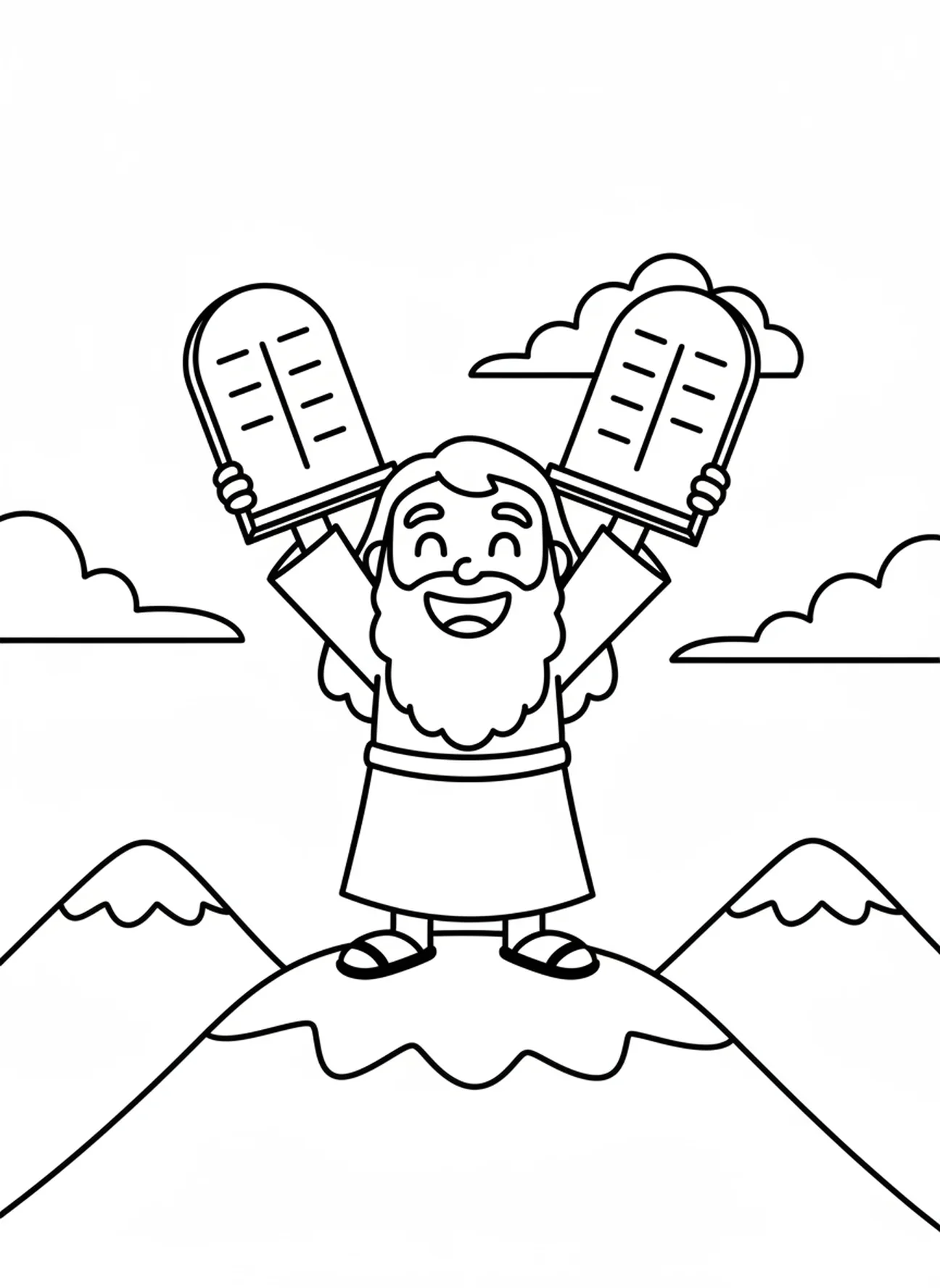 Moïse souriant au sommet de la montagne avec les tablettes, page à colorier des Dix Commandements pour les enfants d'âge préscolaire de 3 à 5 ans.