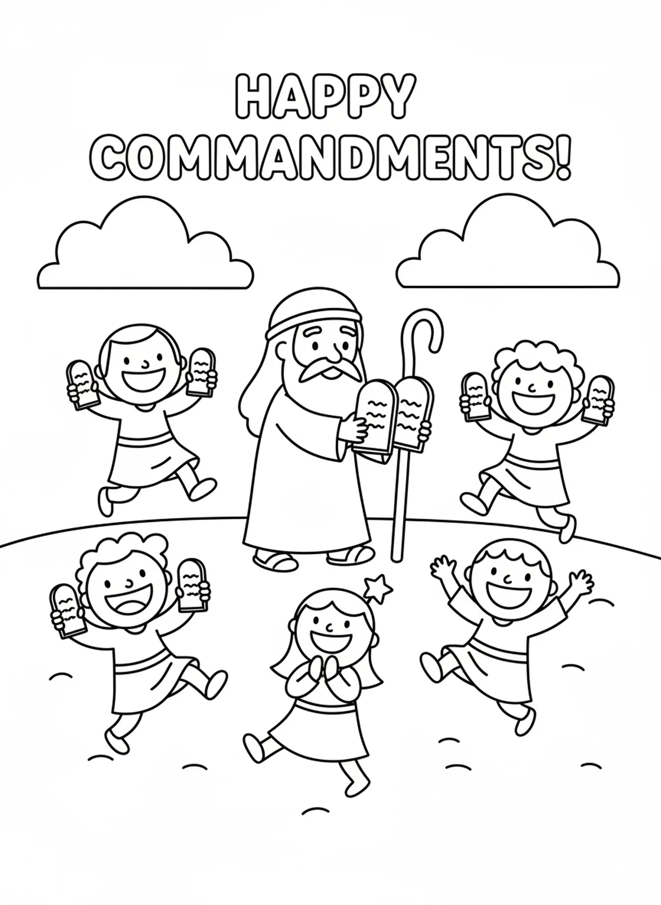 Des personnes souriantes dansent avec des tablettes de pierre, page à colorier sur les Dix Commandements pour les enfants d'âge préscolaire de 3 à 5 ans.