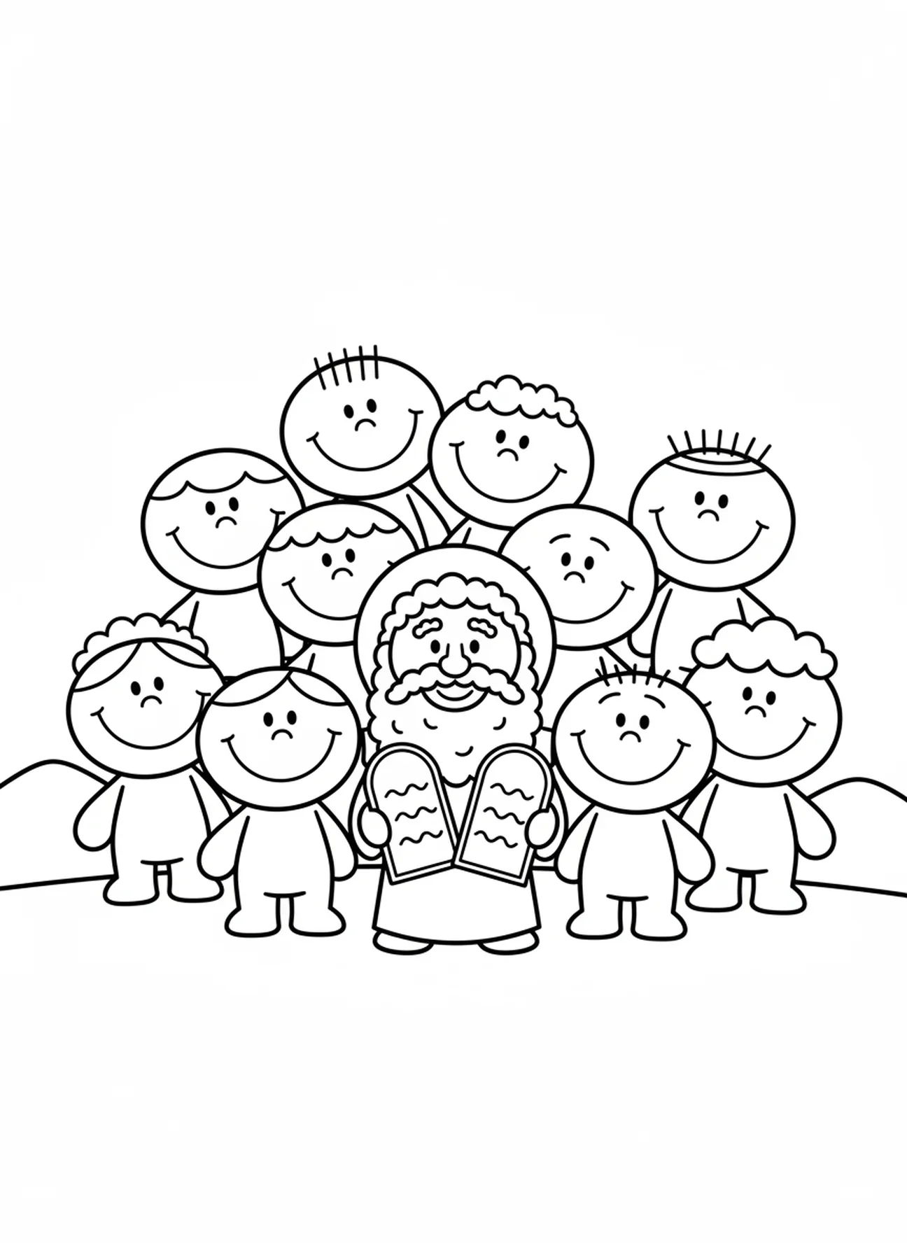 Groupe de personnes souriantes autour de Moïse, page à colorier des Dix Commandements pour les enfants d'âge préscolaire de 3 à 5 ans.