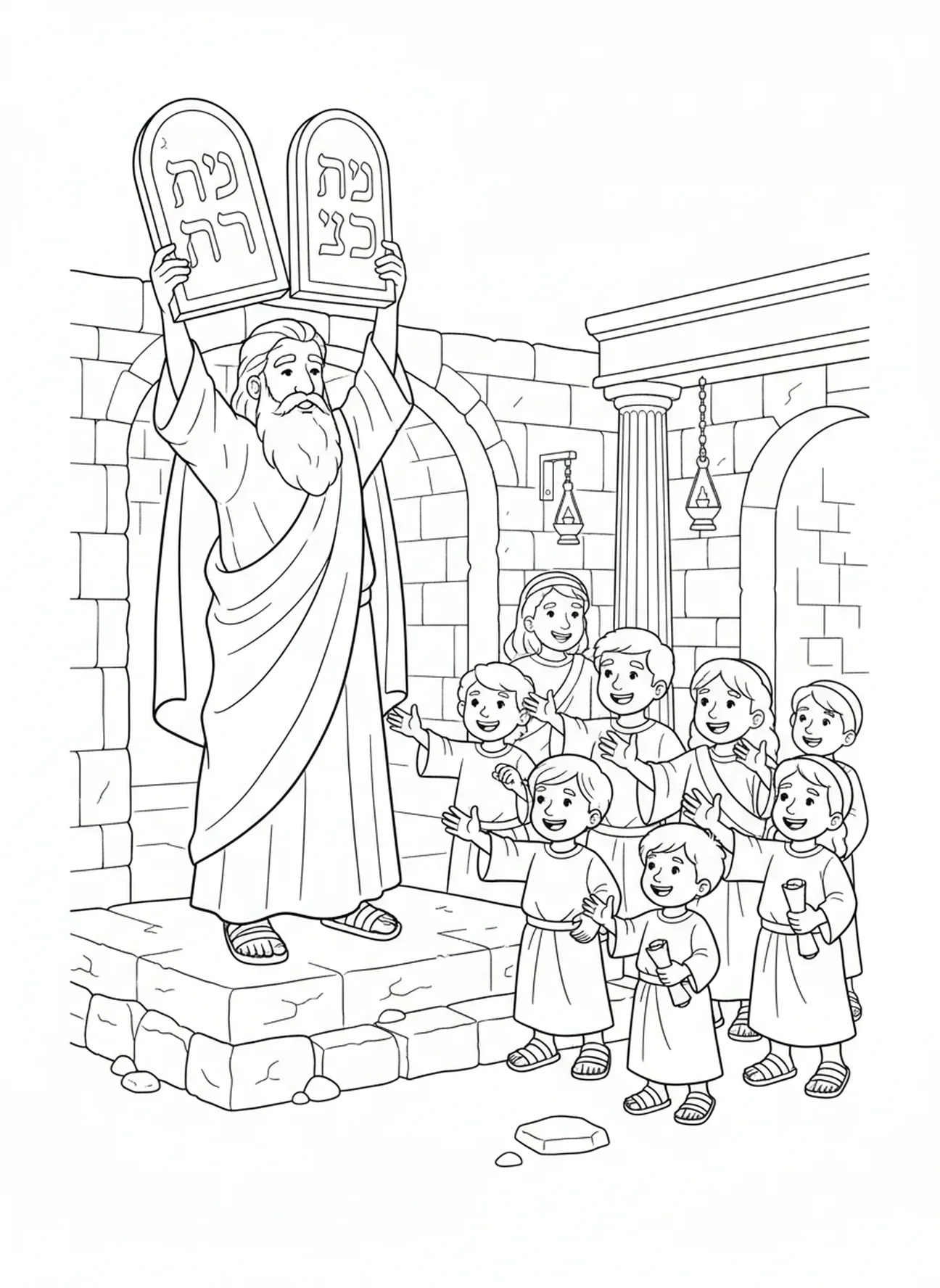 Moïse remettant des tablettes de pierre aux gens, page à colorier des Dix Commandements pour les enfants de l'École du dimanche âgés de 5 à 12 ans