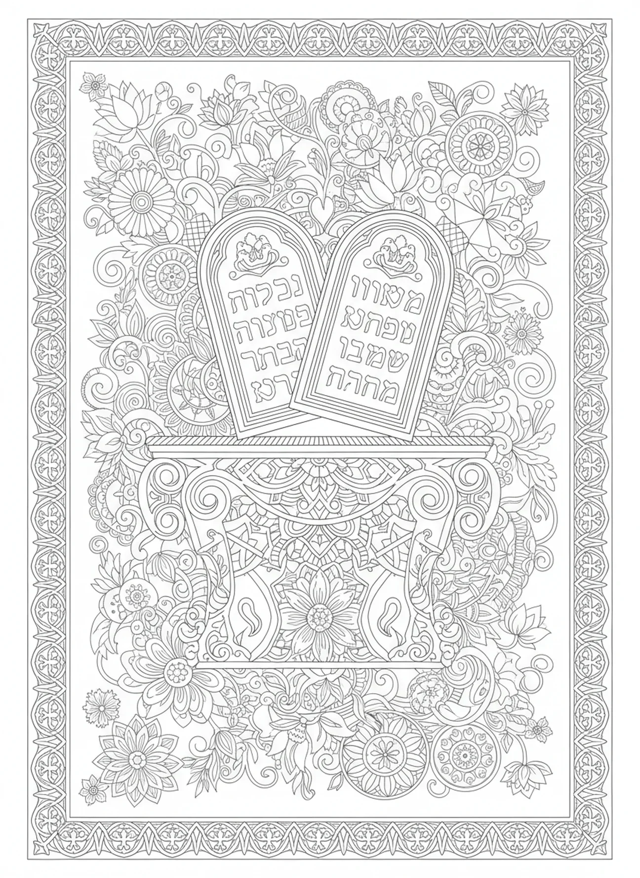 Tabletes de pedra sobre uma mesa ornamentada, página de colorir dos Dez Mandamentos no estilo de journaling bíblico para adultos