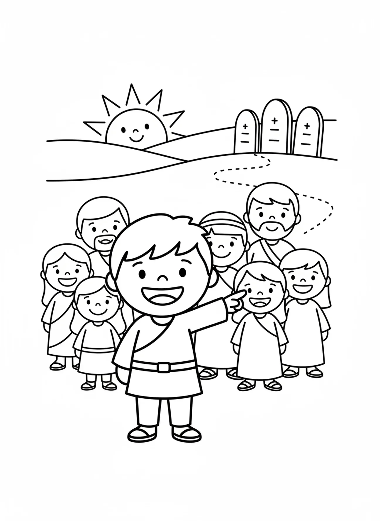 Josué sonriente, página para colorear de los Diez Mandamientos para niños de 3 a 5 años