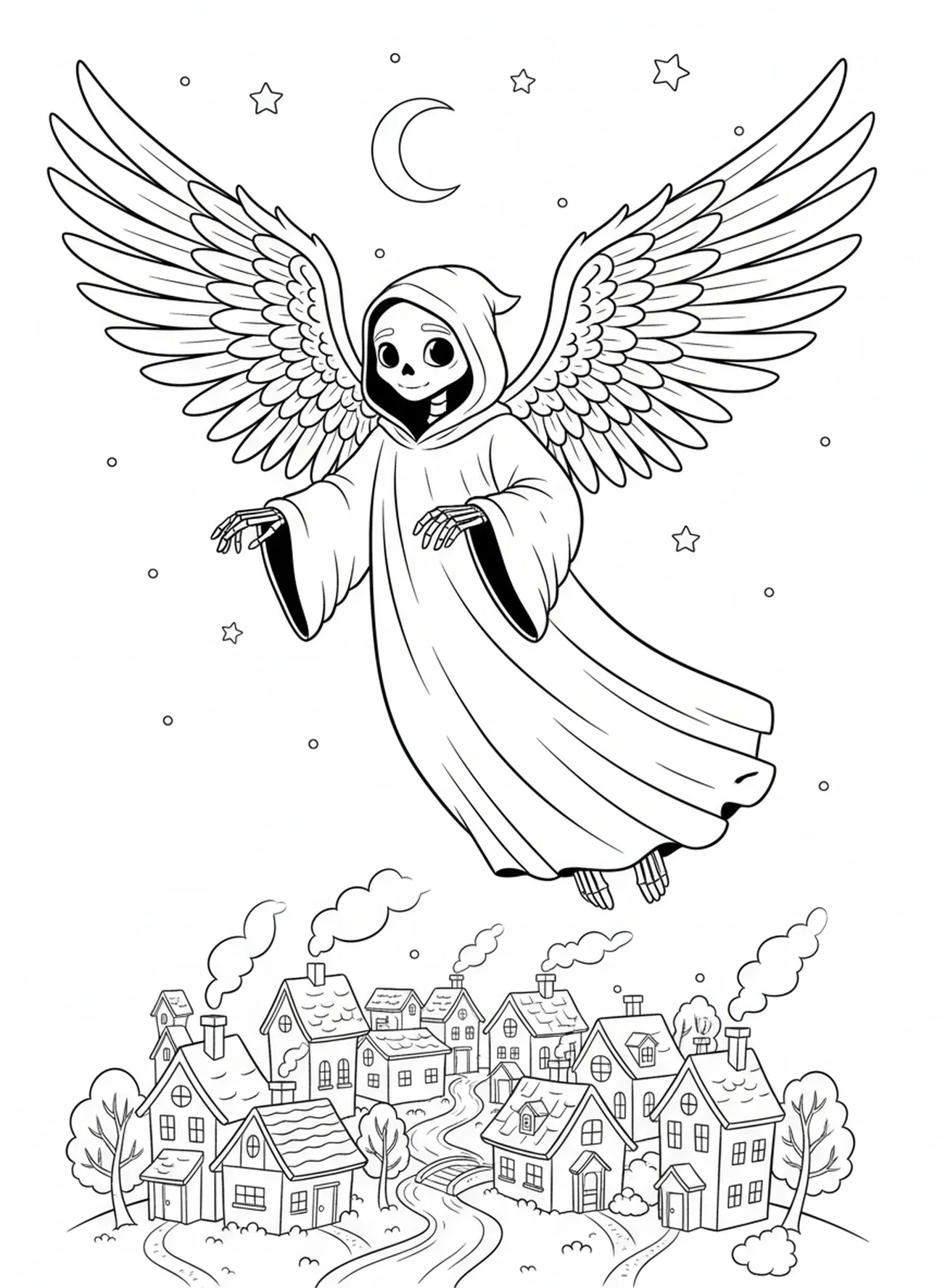 Ángel de la muerte gentil volando sobre casas, página para colorear de las Diez Plagas Plaga de los Primogénitos para niños de 5 a 10 años