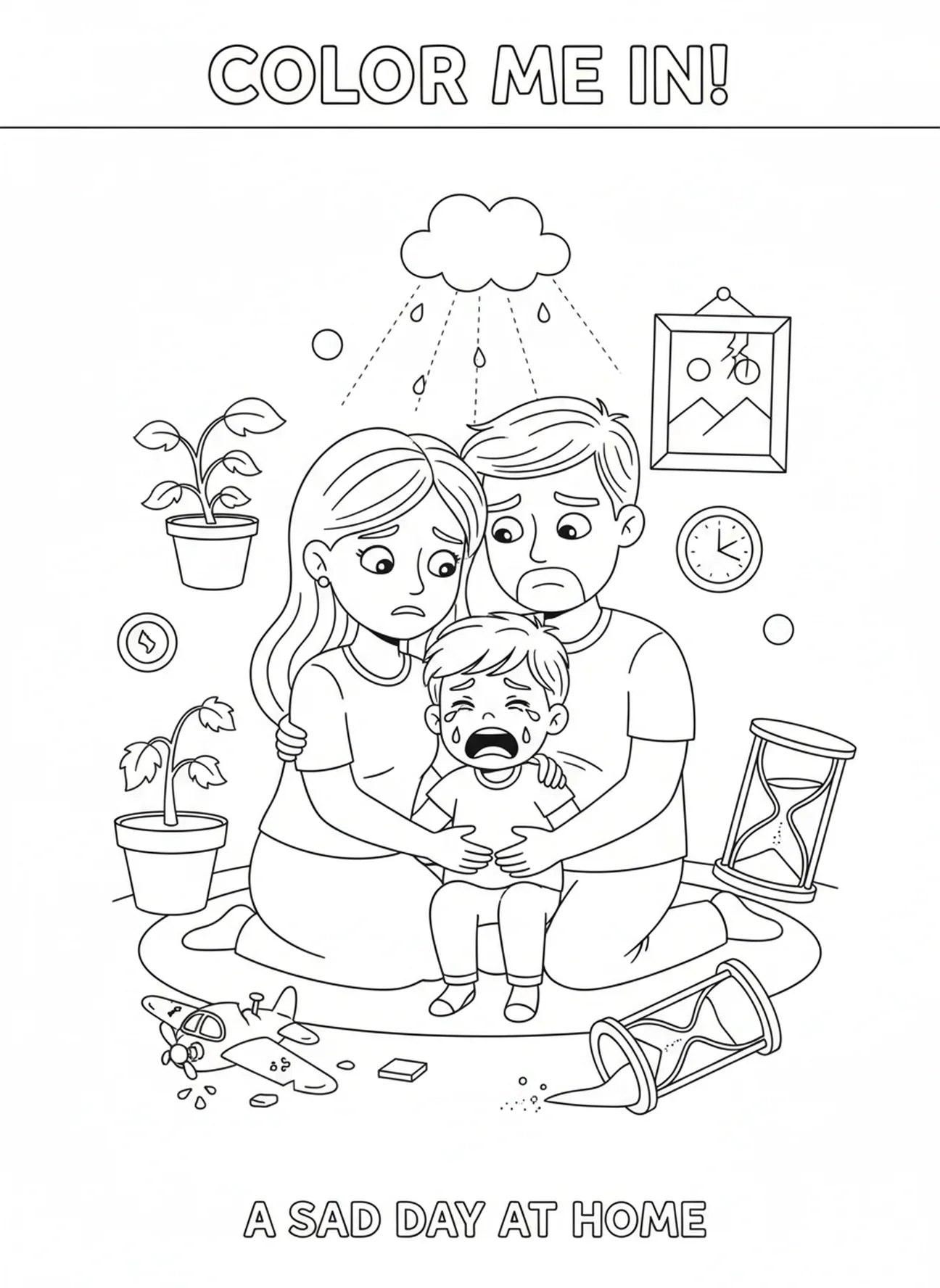Familia angustiada con niño llorando, página para colorear de las Diez Plagas Plaga de los Primogénitos para niños de 5 a 10 años