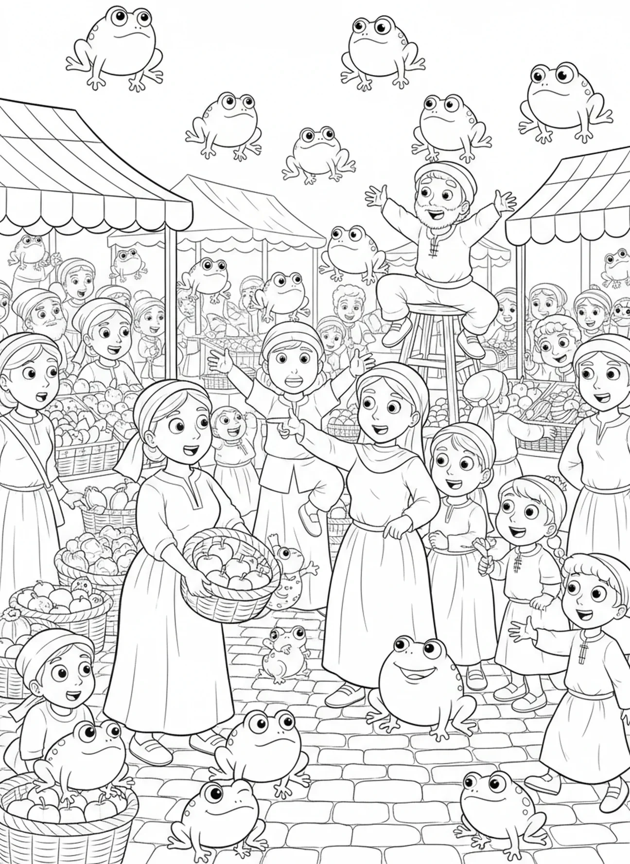 Multidão de pessoas surpresa com rãs em um mercado, página de colorir das Dez Pragas - Rãs para crianças de 5 a 10 anos