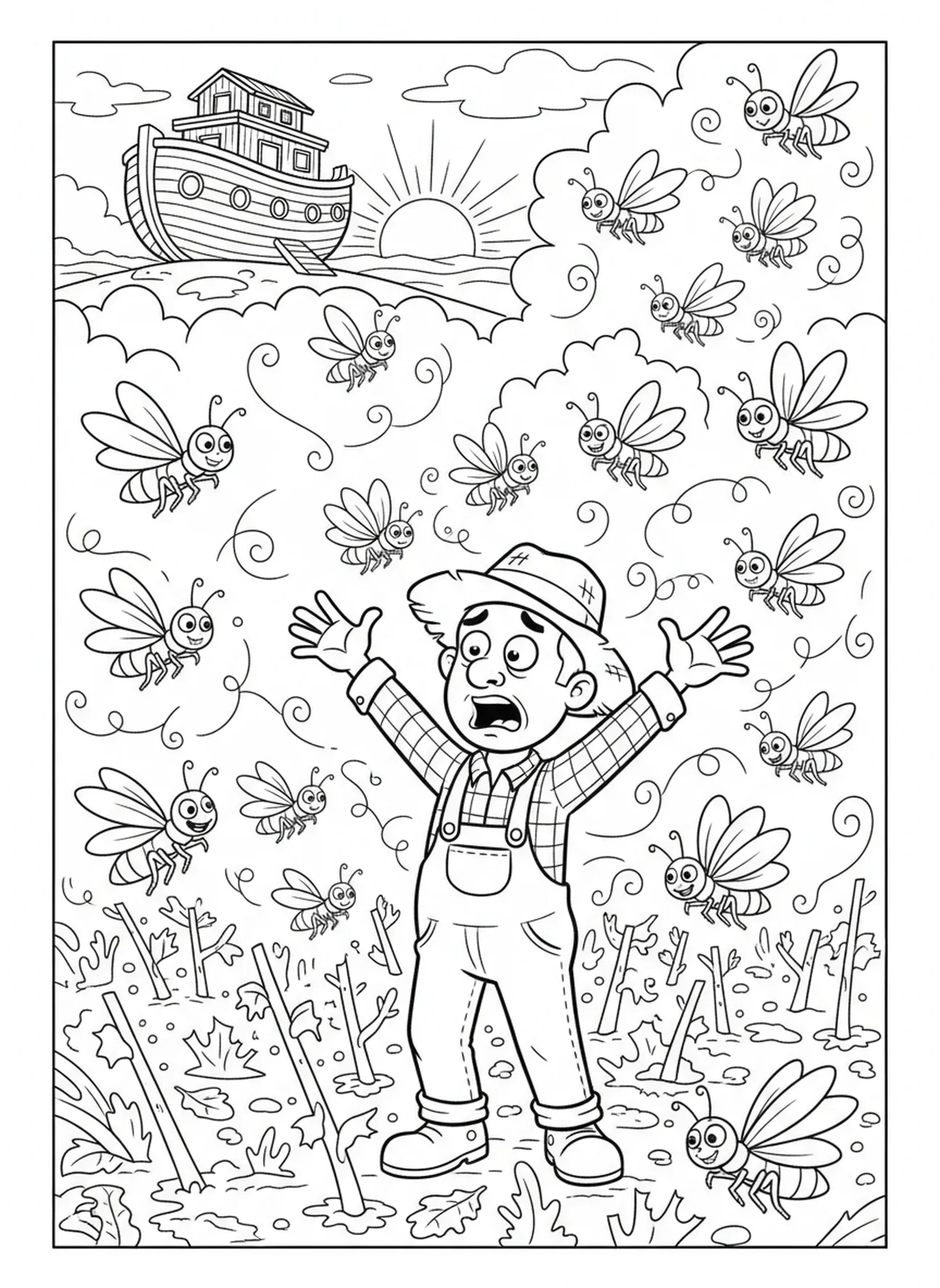 Agriculteur désespéré avec ses cultures, page à colorier des Dix Plaies, les Sauterelles pour enfants de 5 à 10 ans.