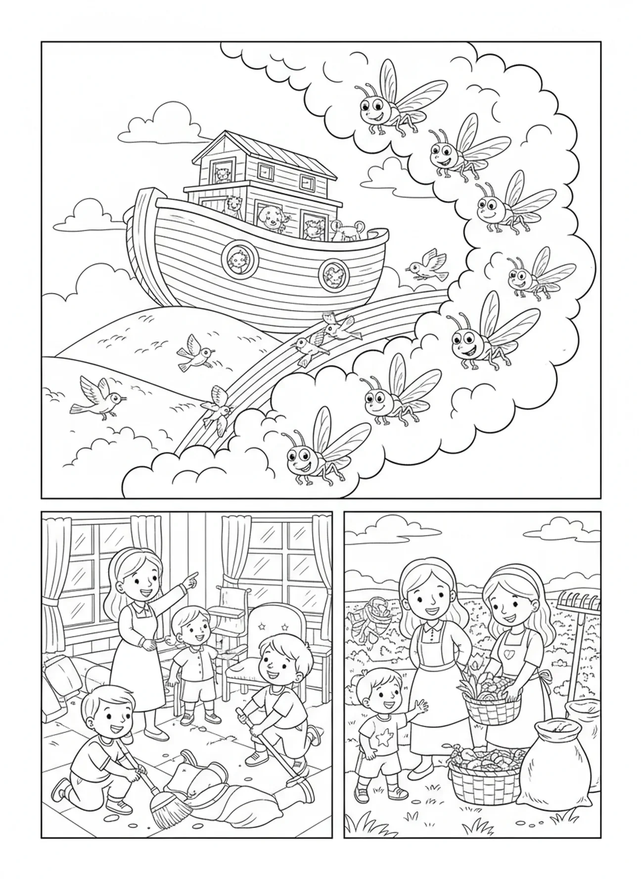 Familles en train de nettoyer, page à colorier sur les Dix Plaies - Les Sauterelles pour les enfants de 5 à 10 ans.
