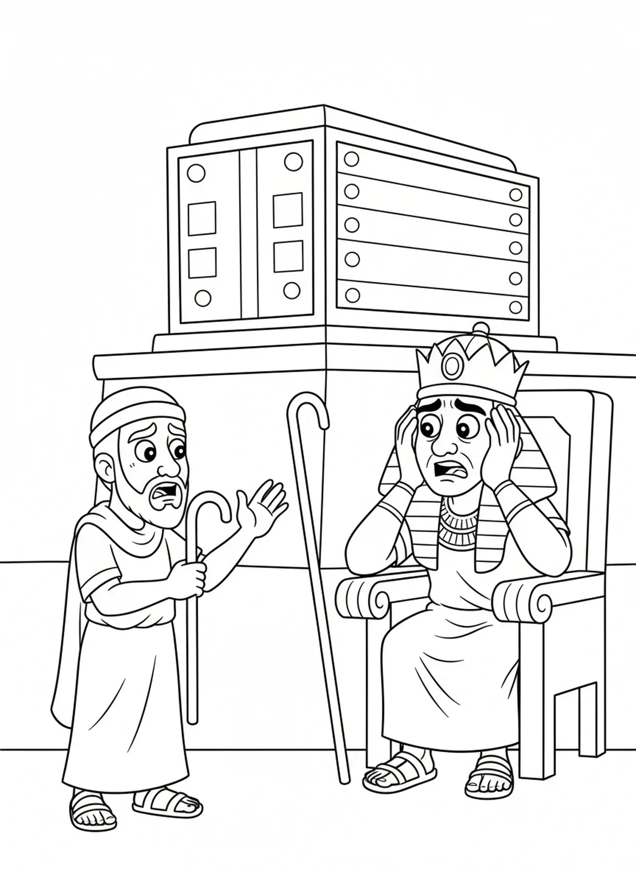 Pharaon inquiet, page à colorier des Dix Plaies : les Sauterelles pour les enfants de 5 à 10 ans.