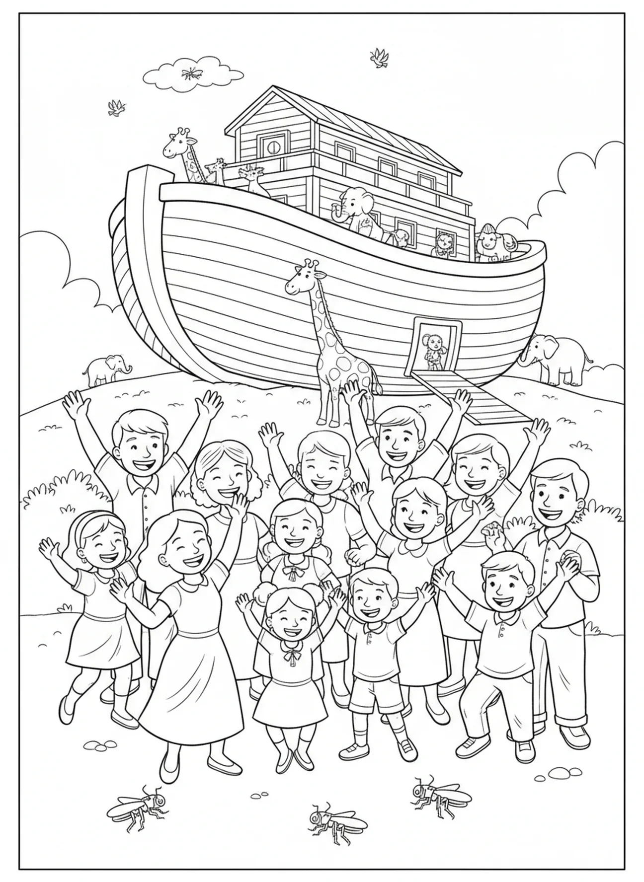 Familles joyeuses célébrant, page à colorier sur les Dix Plaies, les Sauterelles pour enfants de 5 à 10 ans.