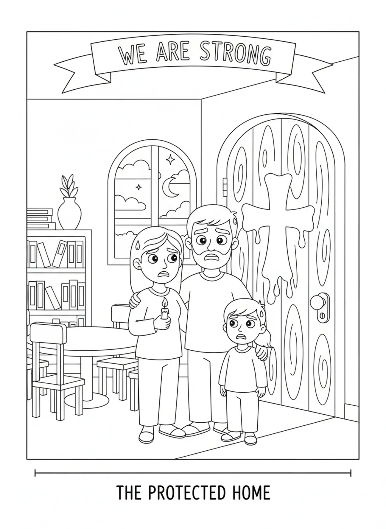 Família ansiosa na porta, página de colorir das Dez Pragas para crianças de 5 a 10 anos.