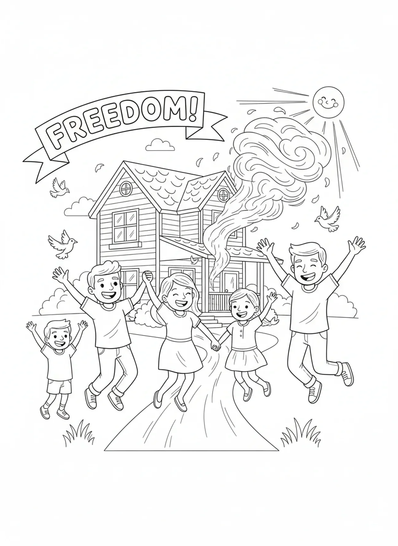 Família alegre celebrando, página para colorir das Dez Pragas para crianças de 5 a 10 anos.