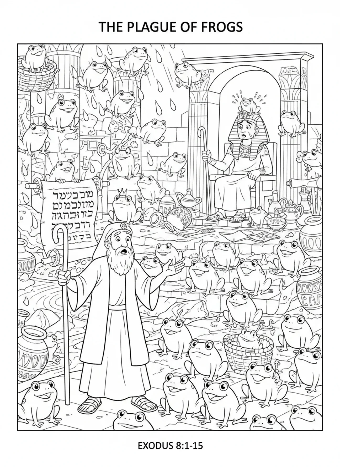 Rãs em cartoon invadindo, página de colorir das Dez Pragas para crianças da Escola Dominical de 5 a 12 anos