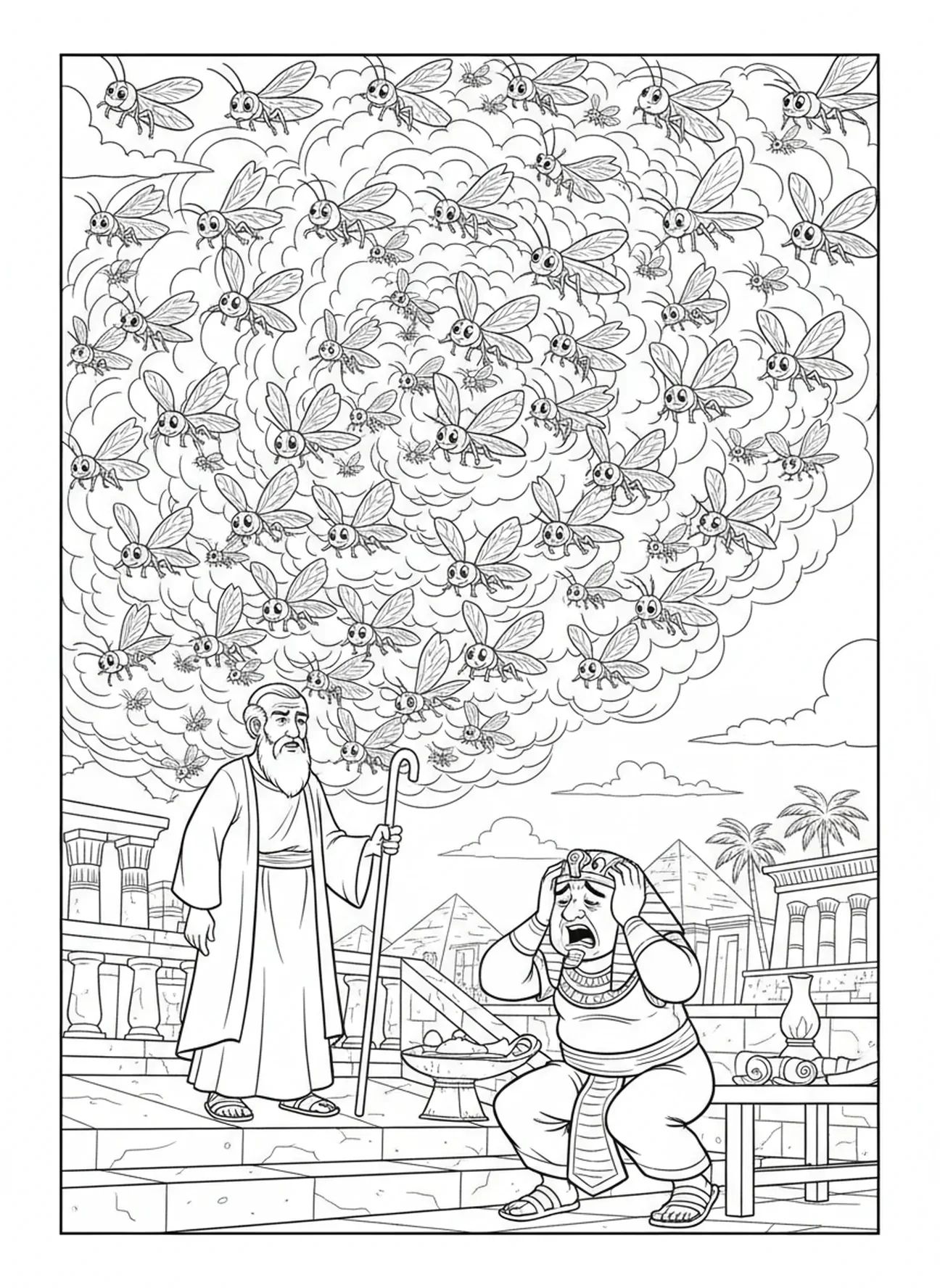 Gafanhotos em cartoon em enxame, página para colorir das Dez Pragas para crianças da Escola Dominical de 5 a 12 anos