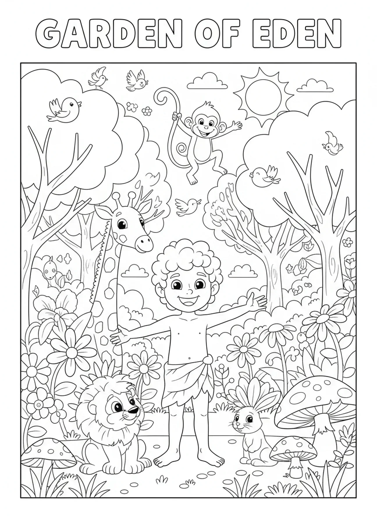 Adam dans le Jardin d'Éden, page à colorier sur la Création d'Adam pour les enfants de 5 à 10 ans.