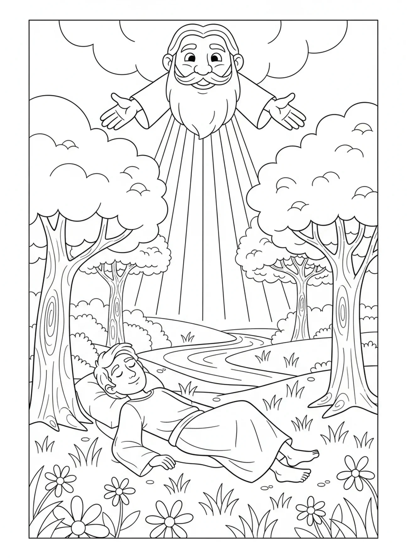 Adam allongé paisiblement sur le sol, page à colorier La Création d'Adam pour les enfants de 5 à 10 ans.