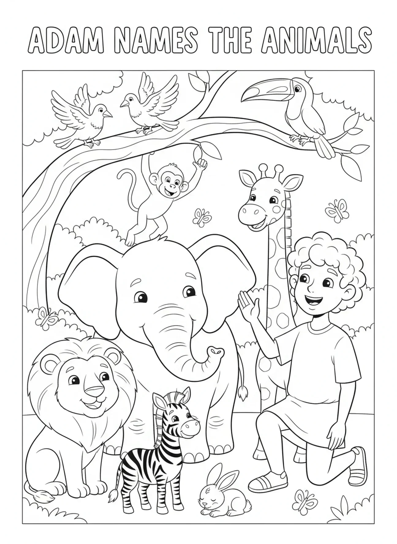 Adam nommant les animaux dans le Jardin, page à colorier sur la Création d'Adam pour les enfants de 5 à 10 ans.