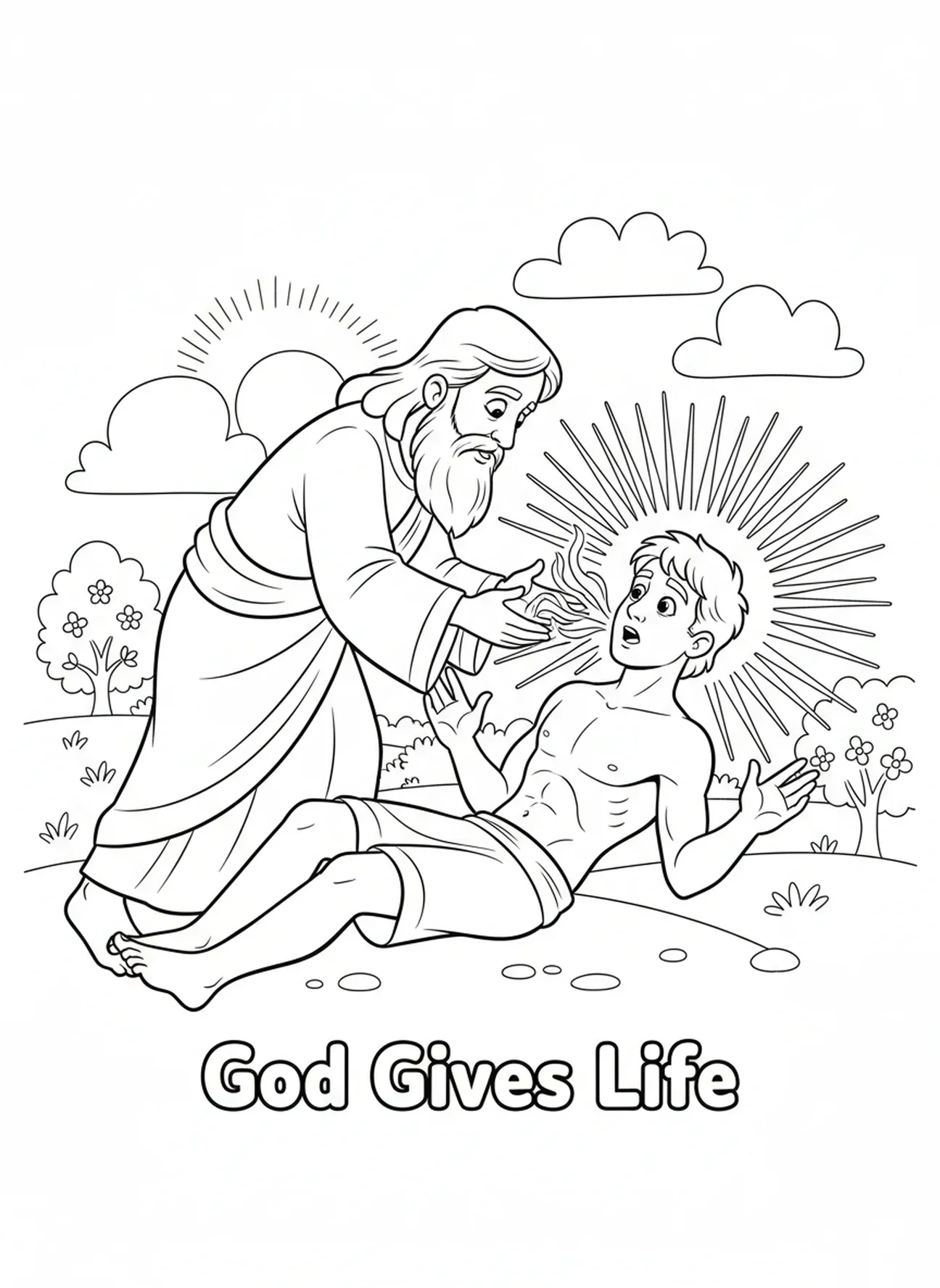 Dieu insufflant la vie à Adam, page à colorier sur la Création d'Adam pour les enfants de 5 à 10 ans.