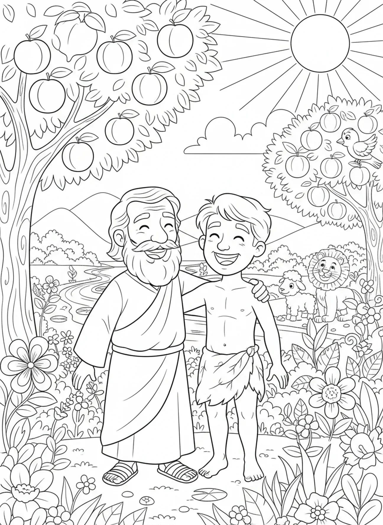 Dieu et Adam ensemble dans le jardin, page à colorier La Création d'Adam pour les enfants de 5 à 10 ans.