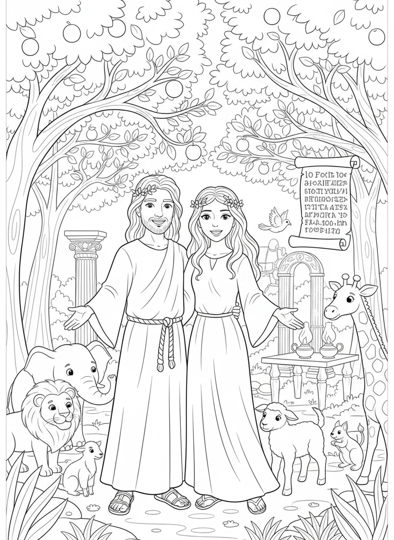 Adán y Eva en el jardín, Página para colorear de la Creación de Adán para niños de la Escuela Dominical de 5 a 12 años.