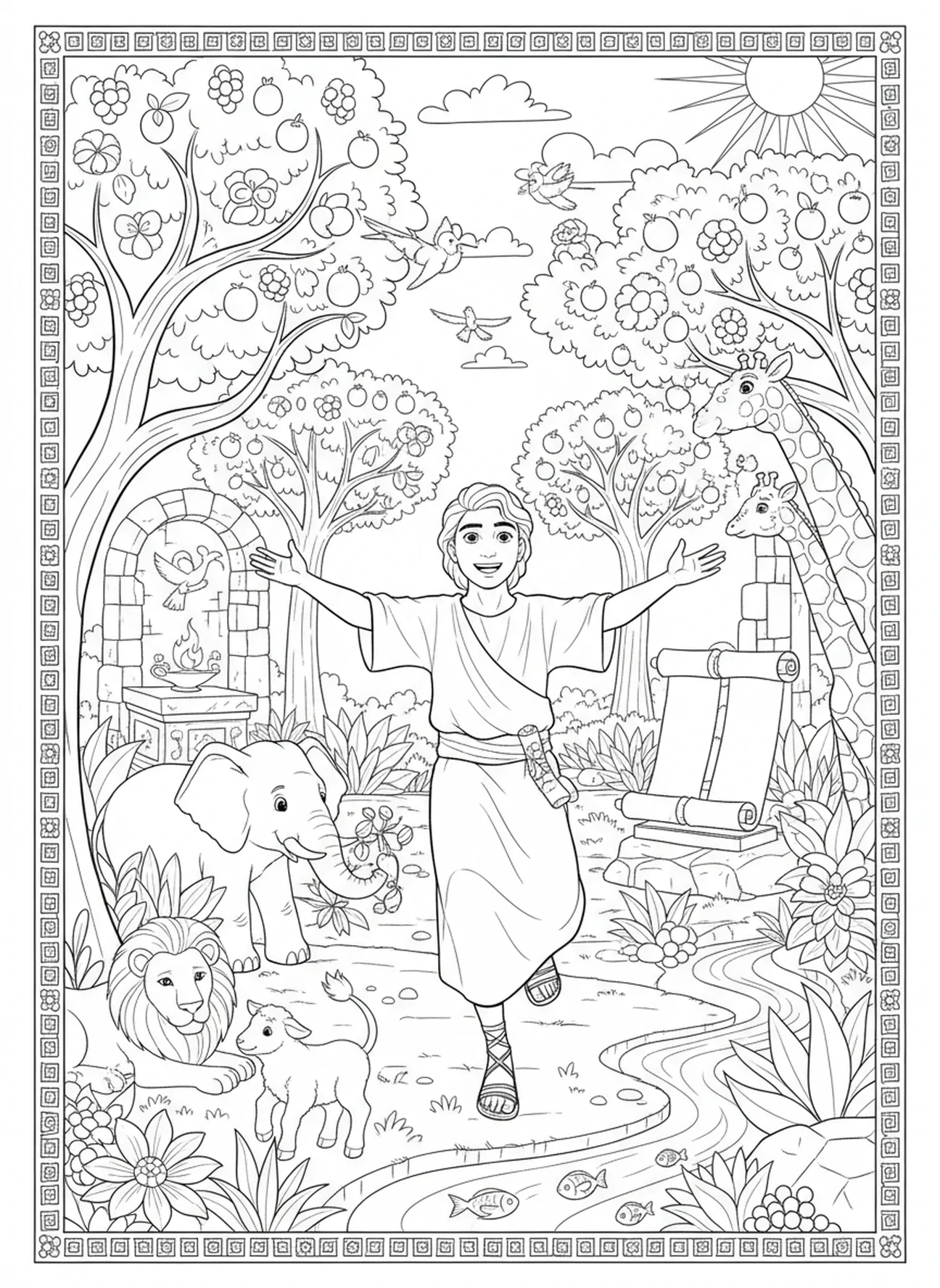 Adán explorando el jardín, página para colorear de la Creación de Adán para niños de Escuela Dominical de 5 a 12 años.