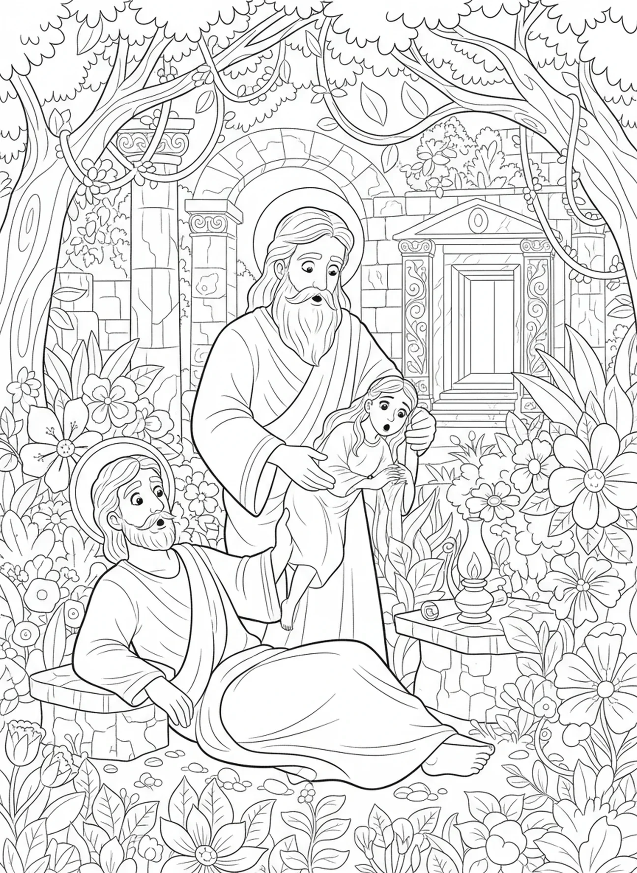 Dios creando a Eva de la costilla de Adán, página para colorear de la Creación de Adán para niños de la Escuela Dominical de 5 a 12 años.