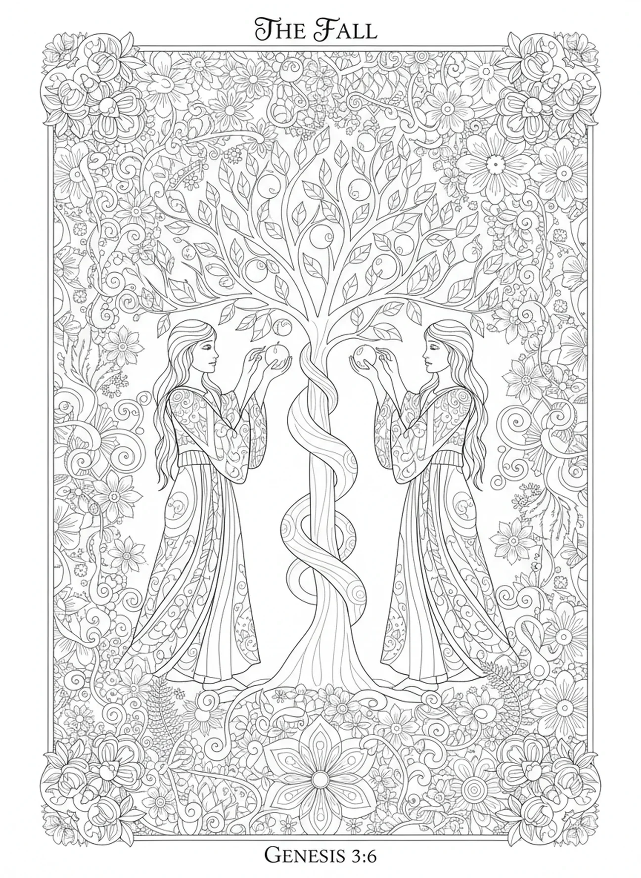 Adam und Eva nehmen die Frucht, Ausmalbild über den Sündenfall für Erwachsene im Stil des Bibeljournaling.