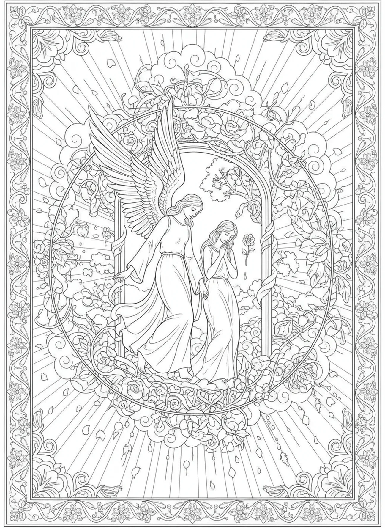 Engel führt Adam und Eva hinaus, Auszug aus dem Paradies Malvorlage für Erwachsene im Bibel-Journaling-Stil.