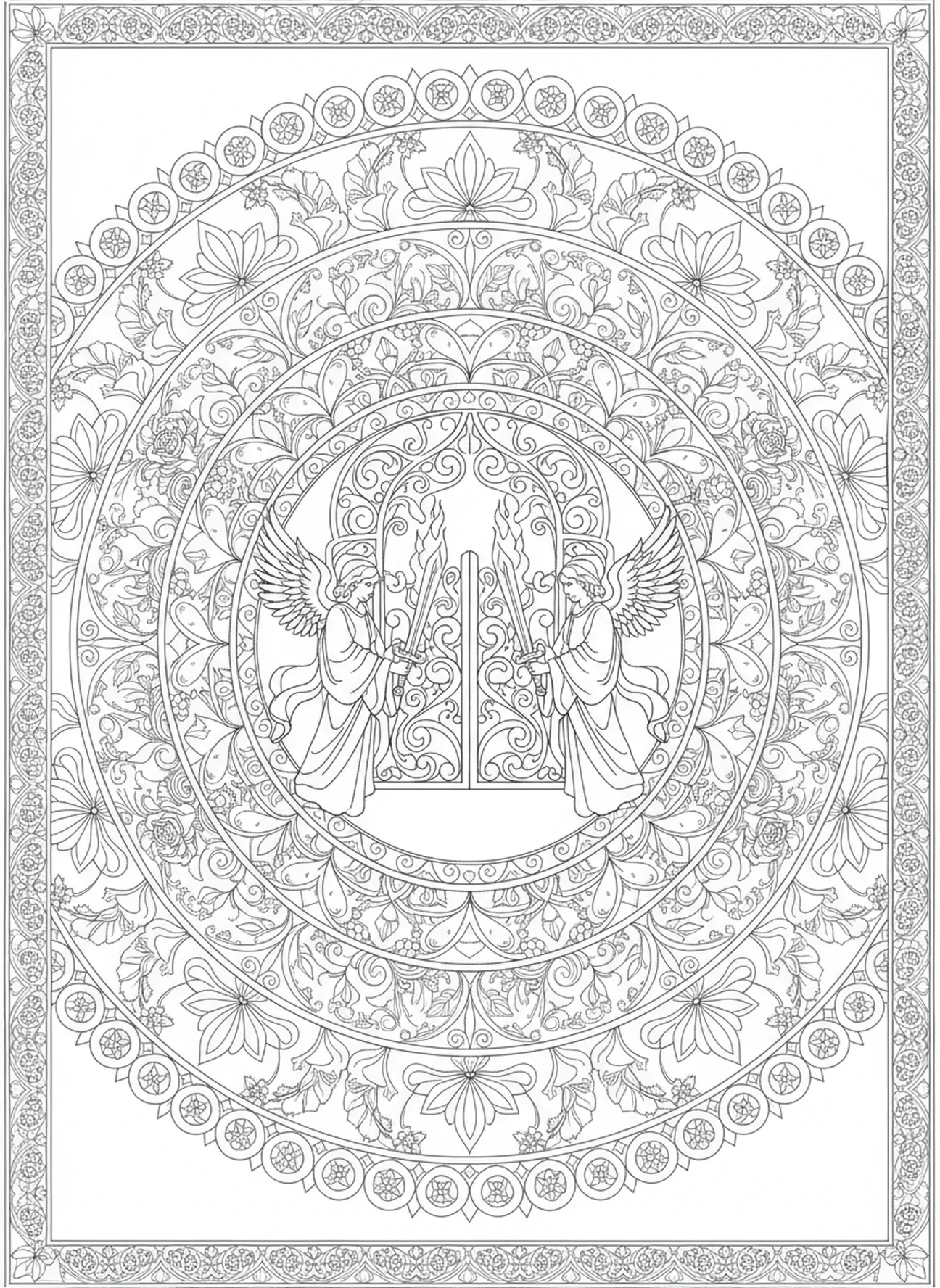 Cherubim mit flammenden Schwertern, Ausmalbild zum Fall des Menschen für Erwachsene im Stil des Bibeljournaling.