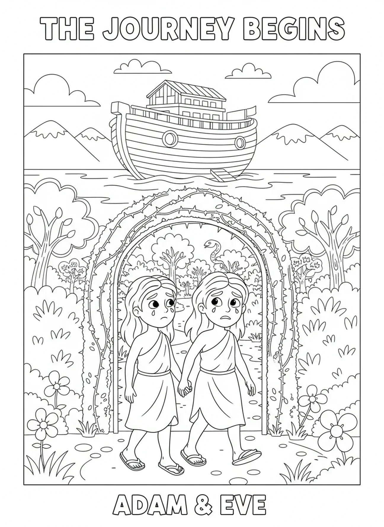 Cartoon Adam en Eva die vertrekken, De Val van de Mens kleurplaat voor kinderen van 5-10 jaar