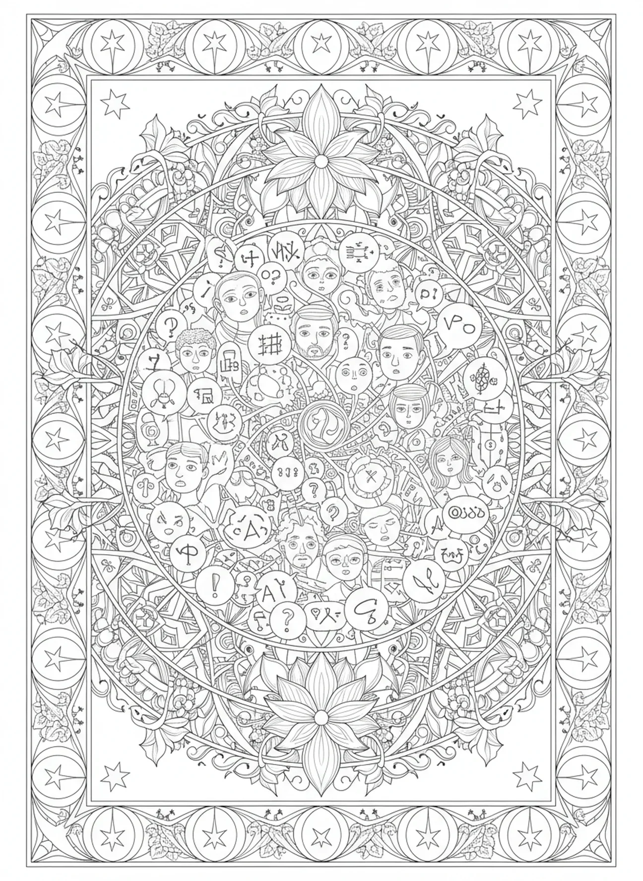 Confusion des langues avec des bulles de dialogue, page à colorier de la Tour de Babel pour le style de journal biblique pour adultes.