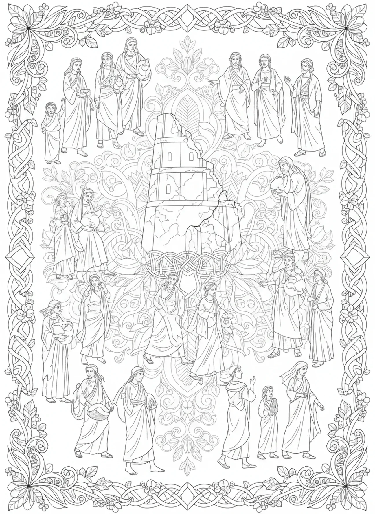 Groupes de personnes partant, page à colorier de la Tour de Babel dans un style de journal biblique pour adultes.