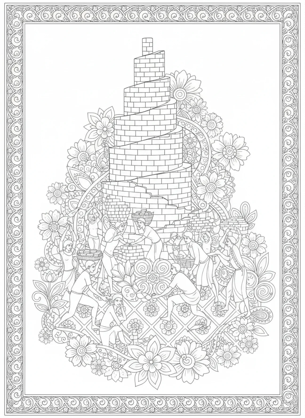Des personnes rassemblant des briques pour la Tour, page à colorier de la Tour de Babel dans un style de journal biblique pour adultes.