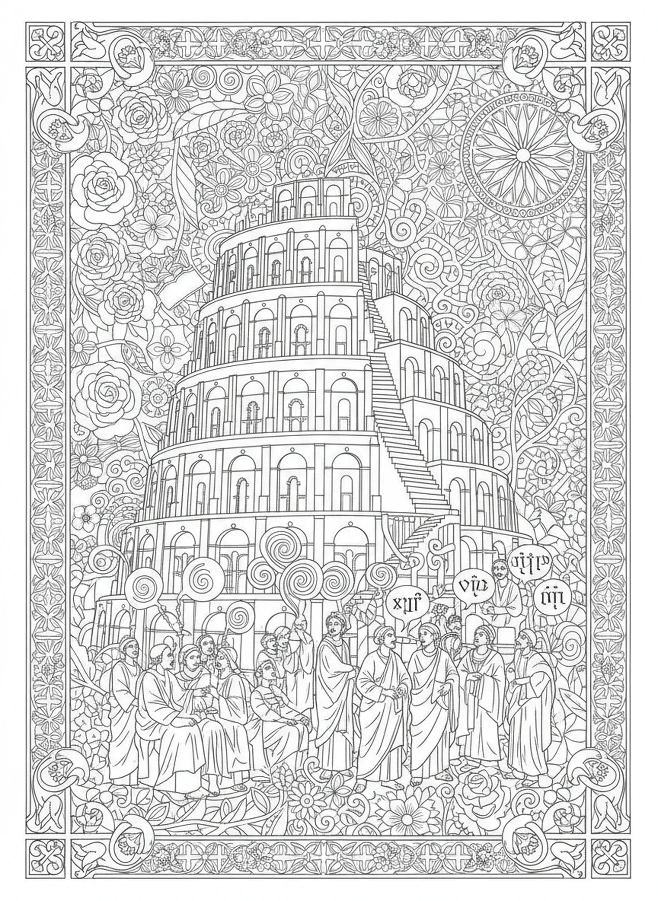 Des personnes diverses parlant plusieurs langues, page à colorier de la Tour de Babel dans un style de journal biblique pour adultes.