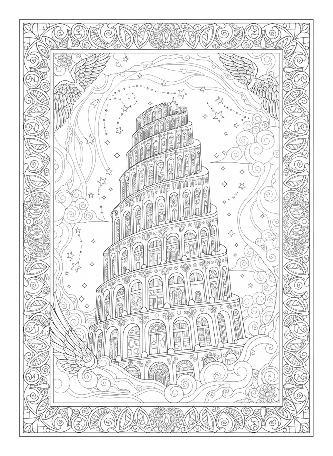 Tour atteignant le ciel, page à colorier de la Tour de Babel pour le journaling biblique.