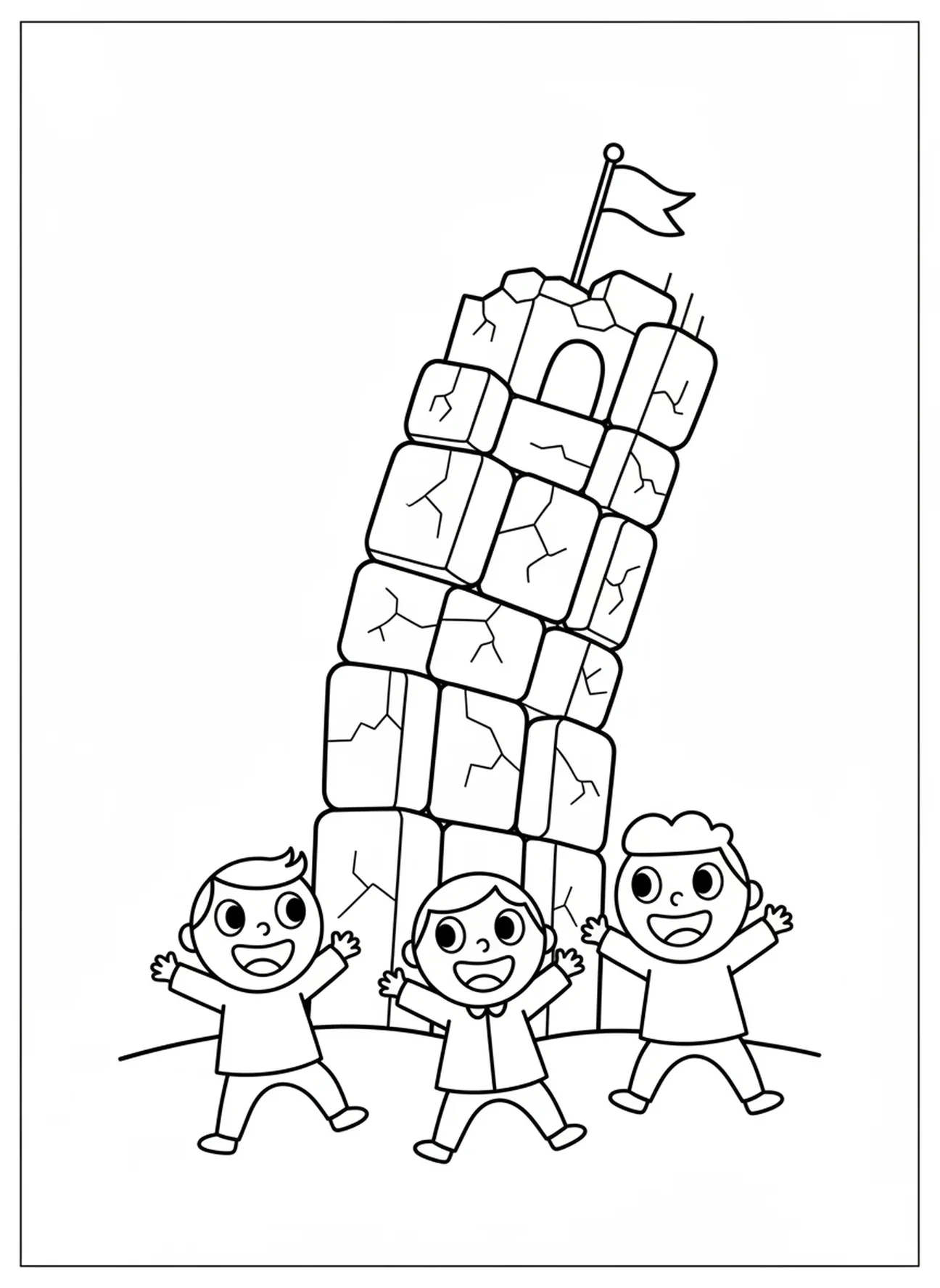 Vallende toren met verraste mensen, kleurplaat van de Toren van Babel voor peuters van 3-5 jaar