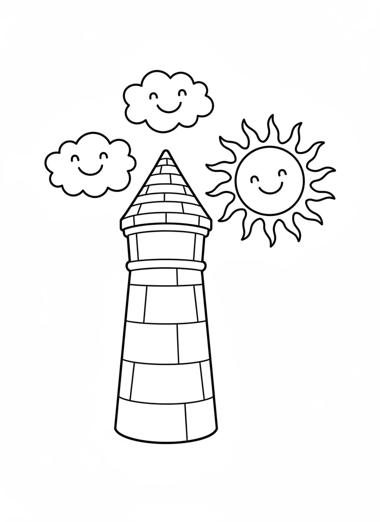 Hoge toren met wolken, kleurplaat van de Toren van Babel voor peuters van 3-5 jaar