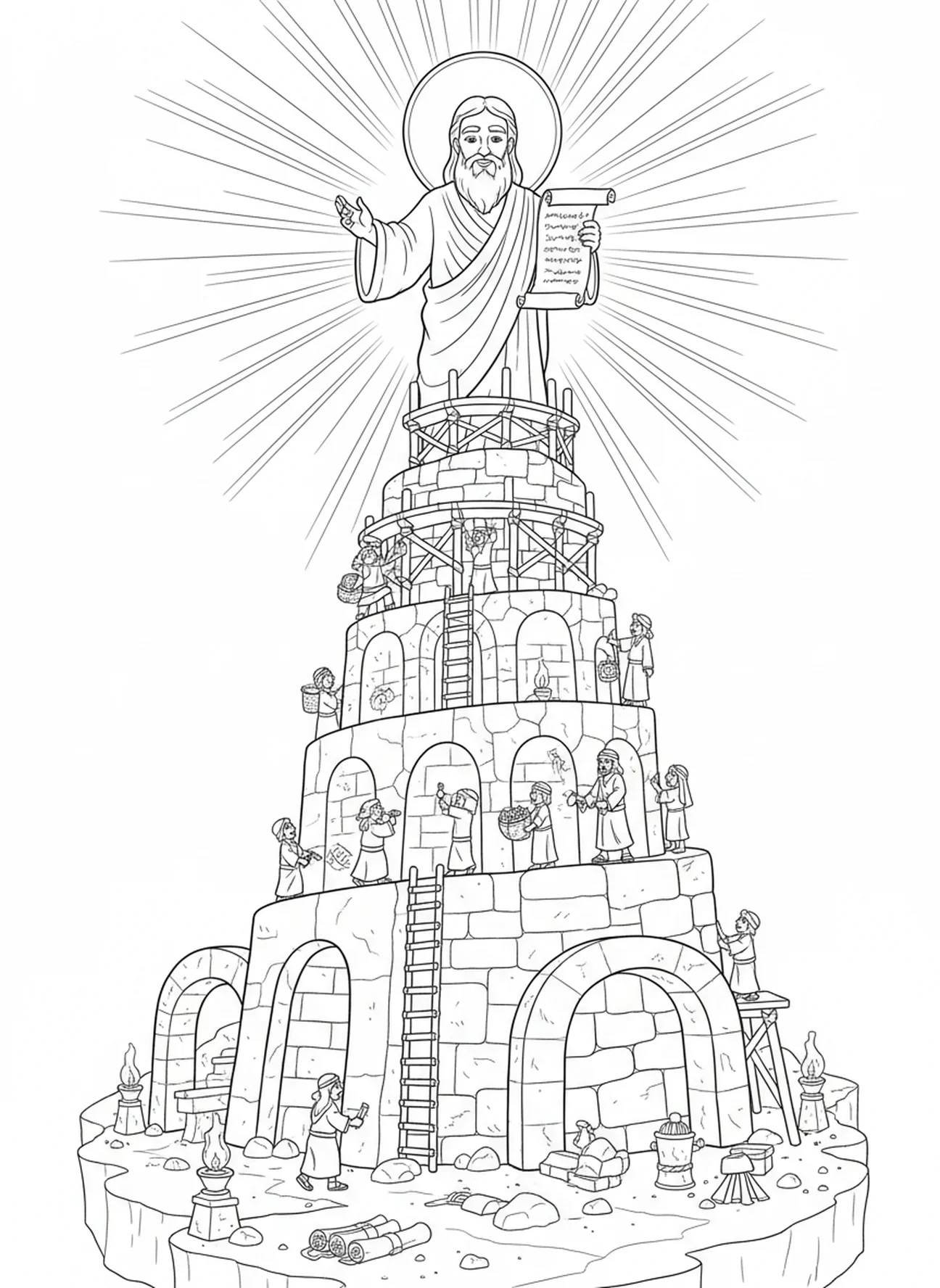 Figure rayonnante observant, page à colorier de la Tour de Babel pour les enfants de l'École du dimanche âgés de 5 à 12 ans.