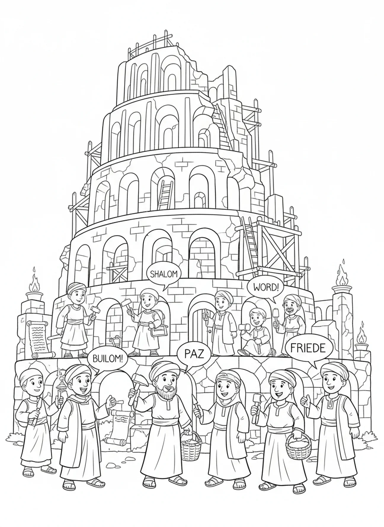 Ouvriers avec des outils uniques, page à colorier de la Tour de Babel pour les enfants de l'École du dimanche âgés de 5 à 12 ans.