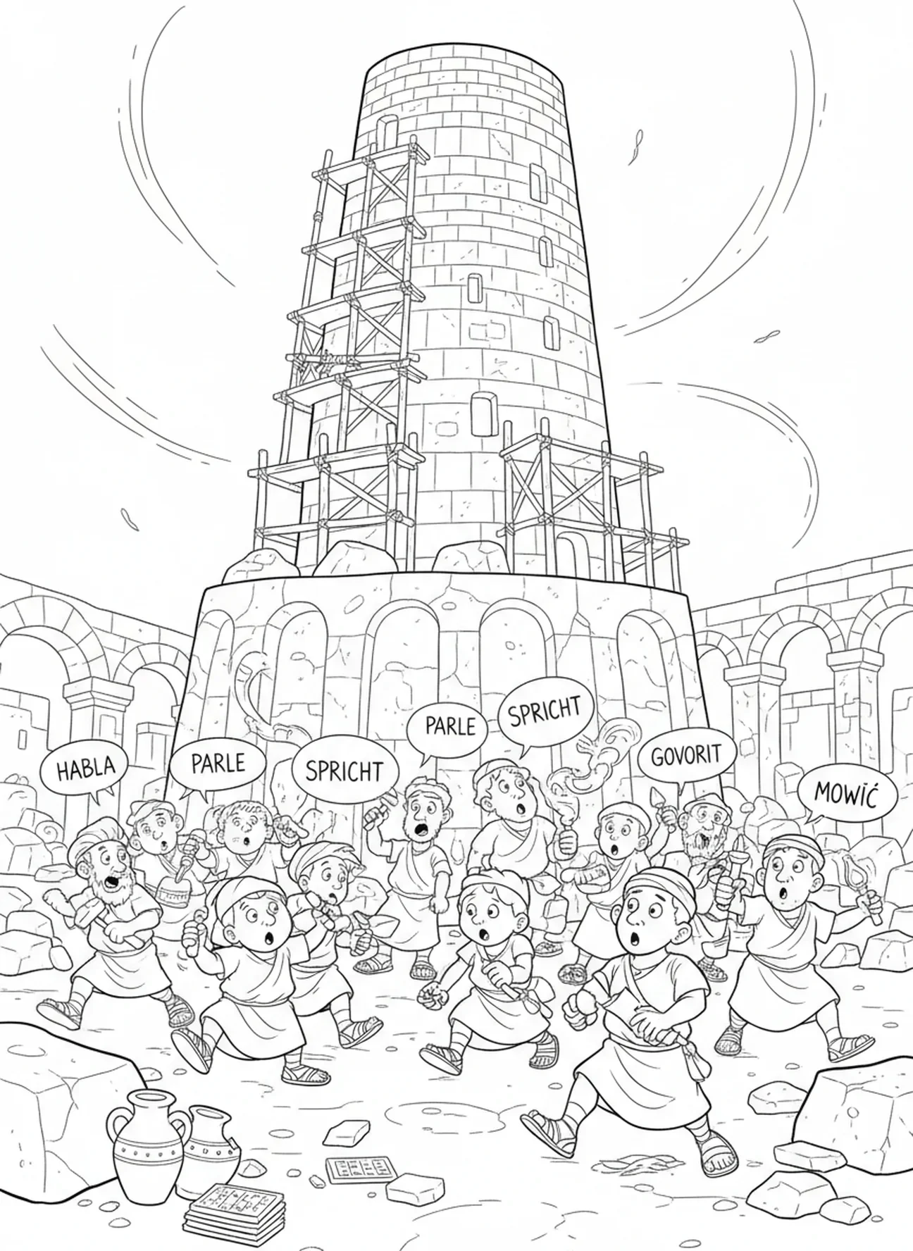 Ouvriers dispersés, page à colorier de la Tour de Babel pour les enfants de l'École du dimanche âgés de 5 à 12 ans.