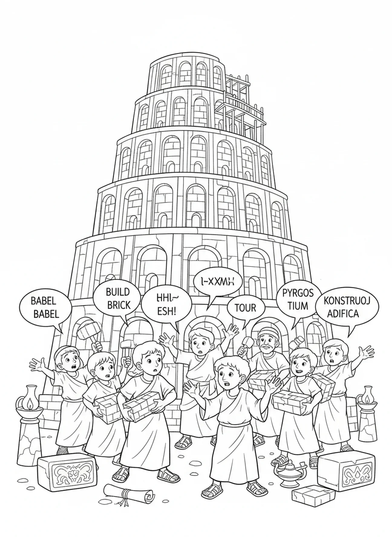 Ouvriers avec des outils, page à colorier de la Tour de Babel pour les enfants de l'École du dimanche âgés de 5 à 12 ans.