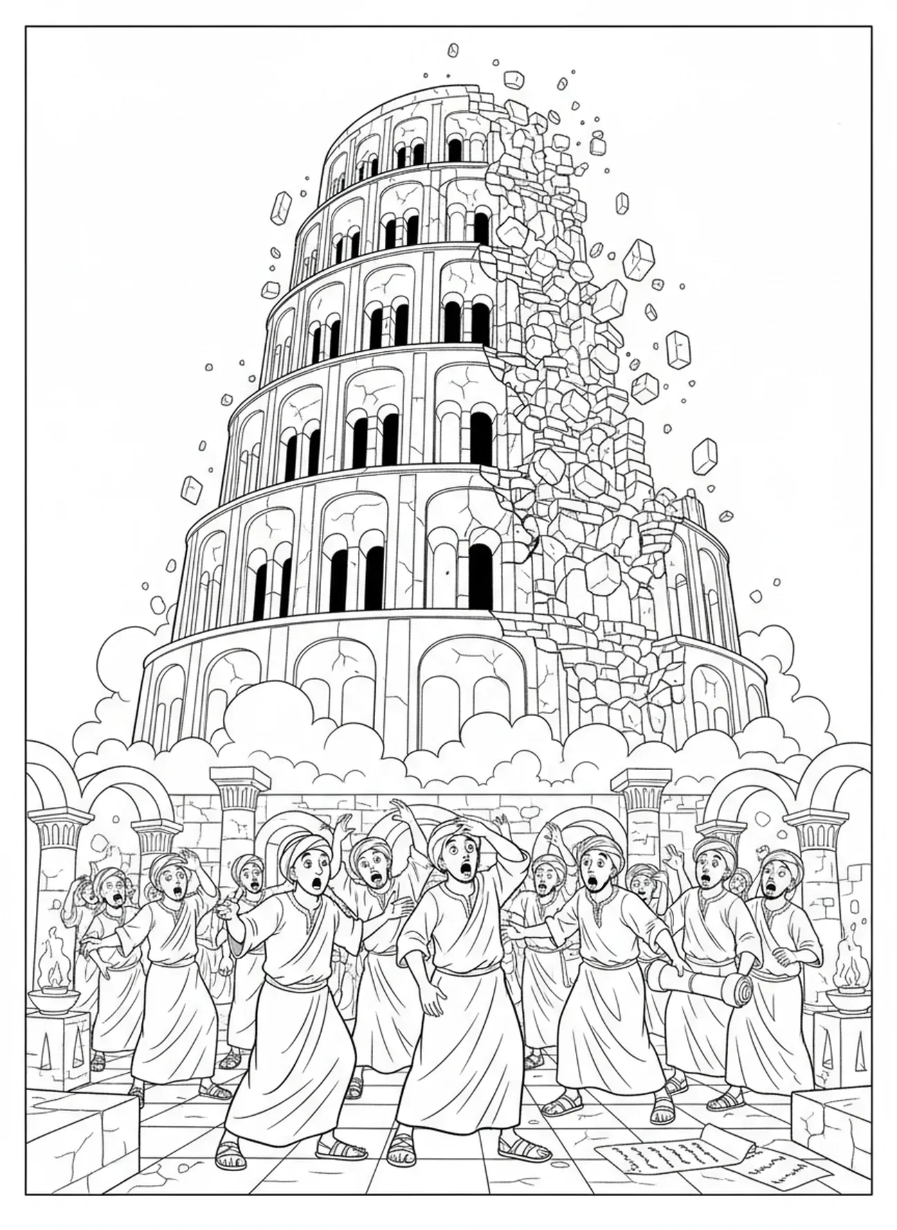 Scène de la tour qui s'effondre, page à colorier de la Tour de Babel pour les enfants de l'École du dimanche âgés de 5 à 12 ans.