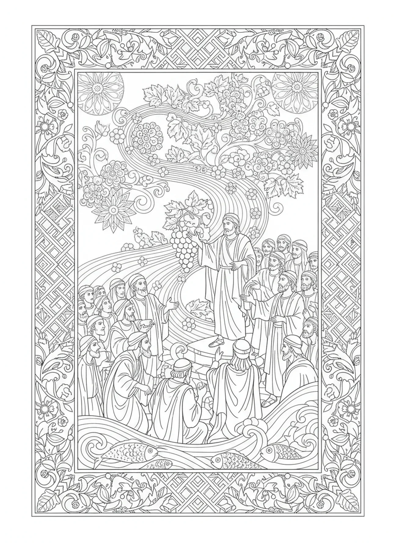 Israeliten hören den Bericht der Spione, Ausmalbild der Zwölf Spione im Stil des Bibel-Journaling für Erwachsene.