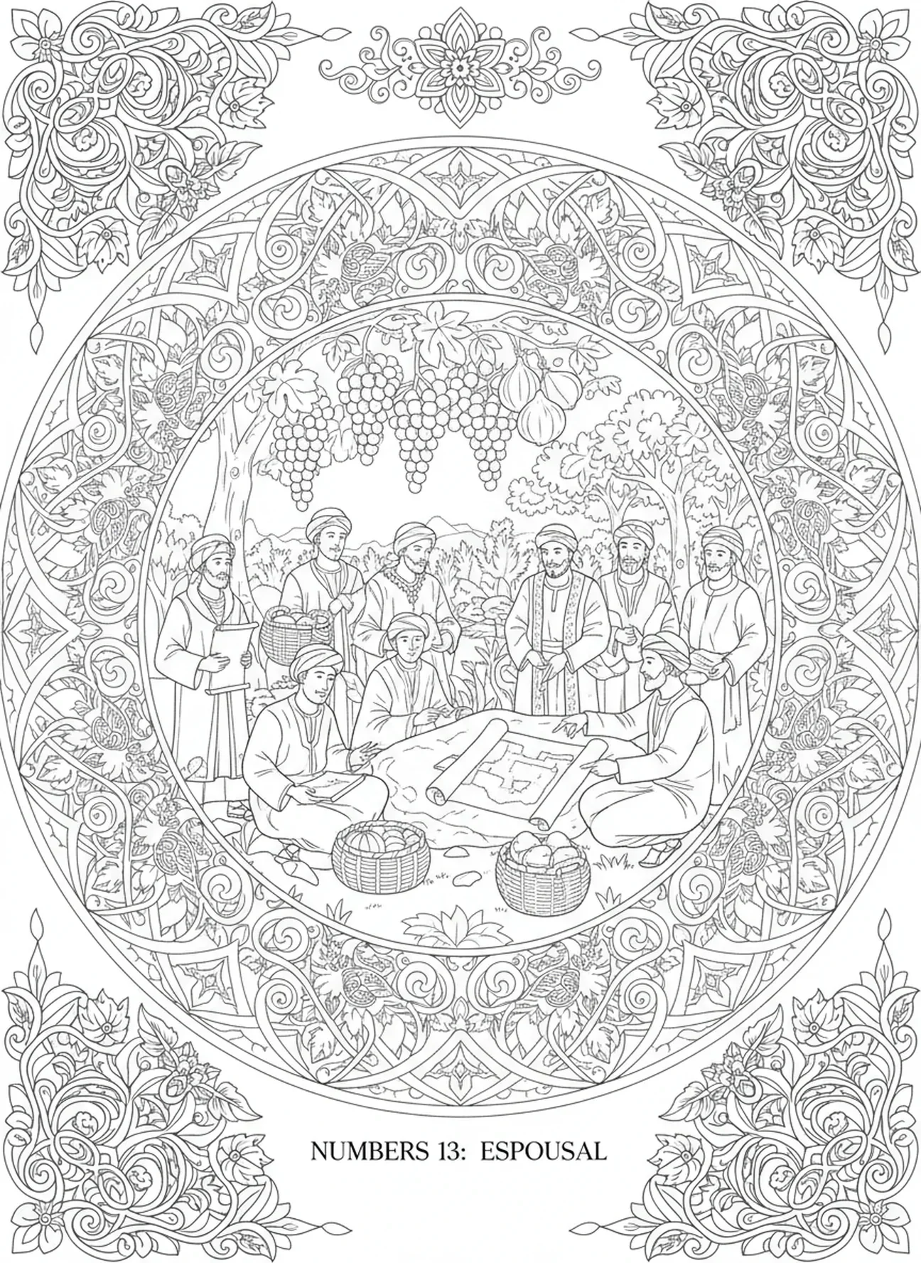 Zwölf Spione diskutieren Pläne, Ausmalbild für Erwachsene im Bibel-Journaling-Stil.