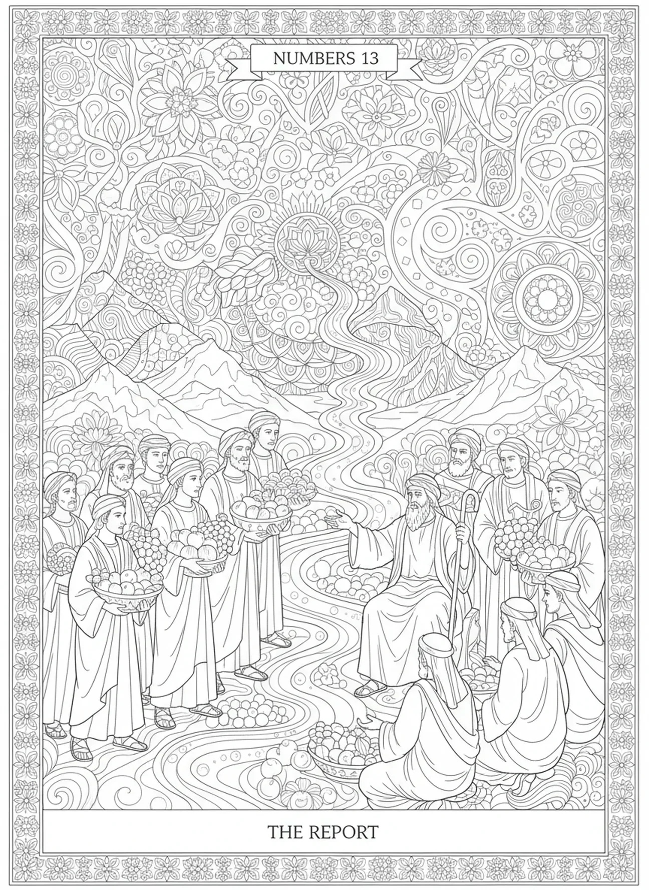 Zwölf Spione berichten Moses, Ausmalbild für Erwachsene im Bibel-Journaling-Stil.