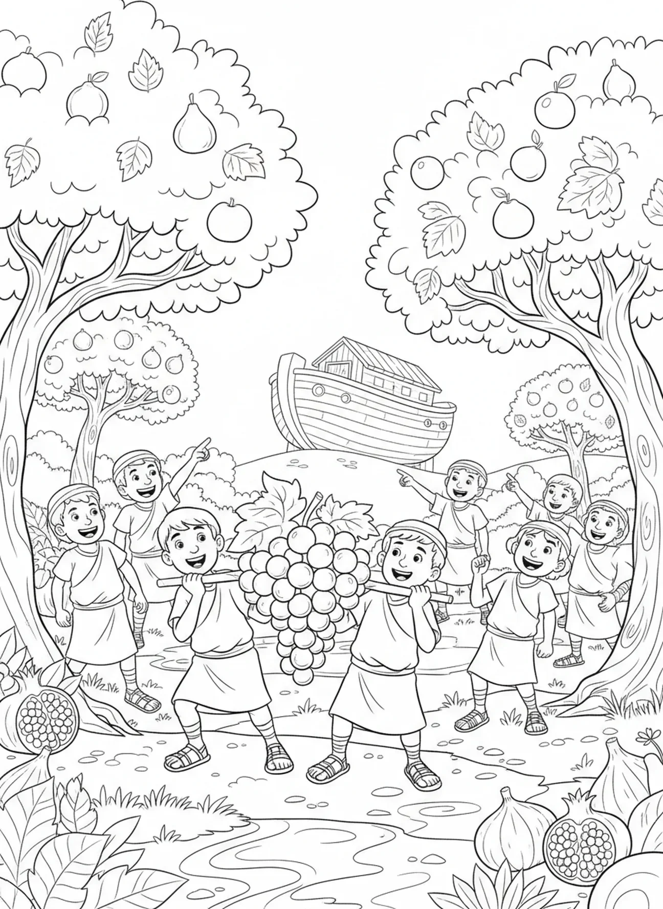 Douze espions de dessin animé en exploration, page à colorier des Douze Espions pour les enfants de 5 à 10 ans