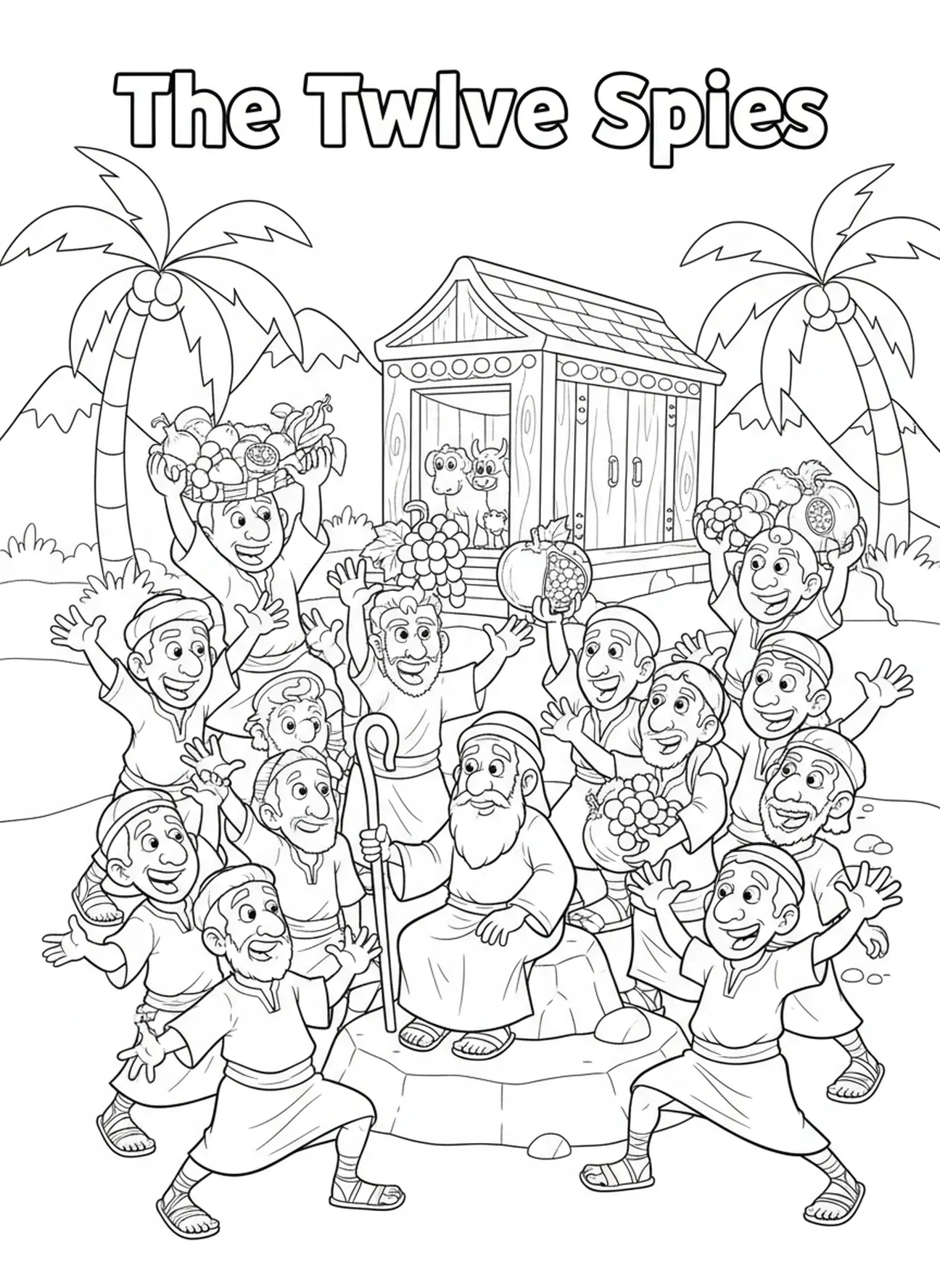 Douze espions de dessin animé faisant rapport à Moïse, page à colorier Douze Espions pour enfants de 5 à 10 ans
