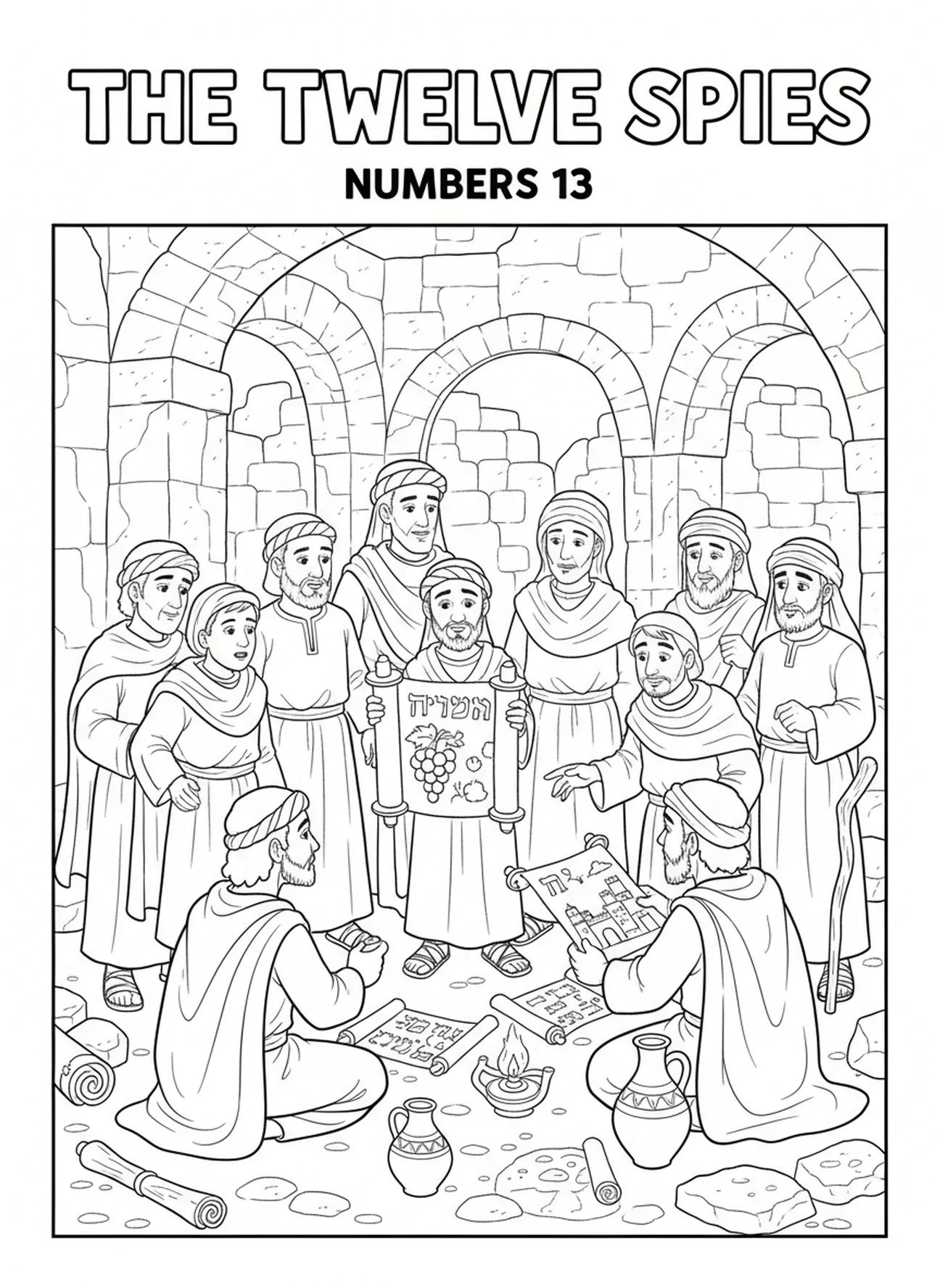 Espions concluant leur mission, page à colorier des Douze Espions pour les enfants de l'École du dimanche âgés de 5 à 12 ans.
