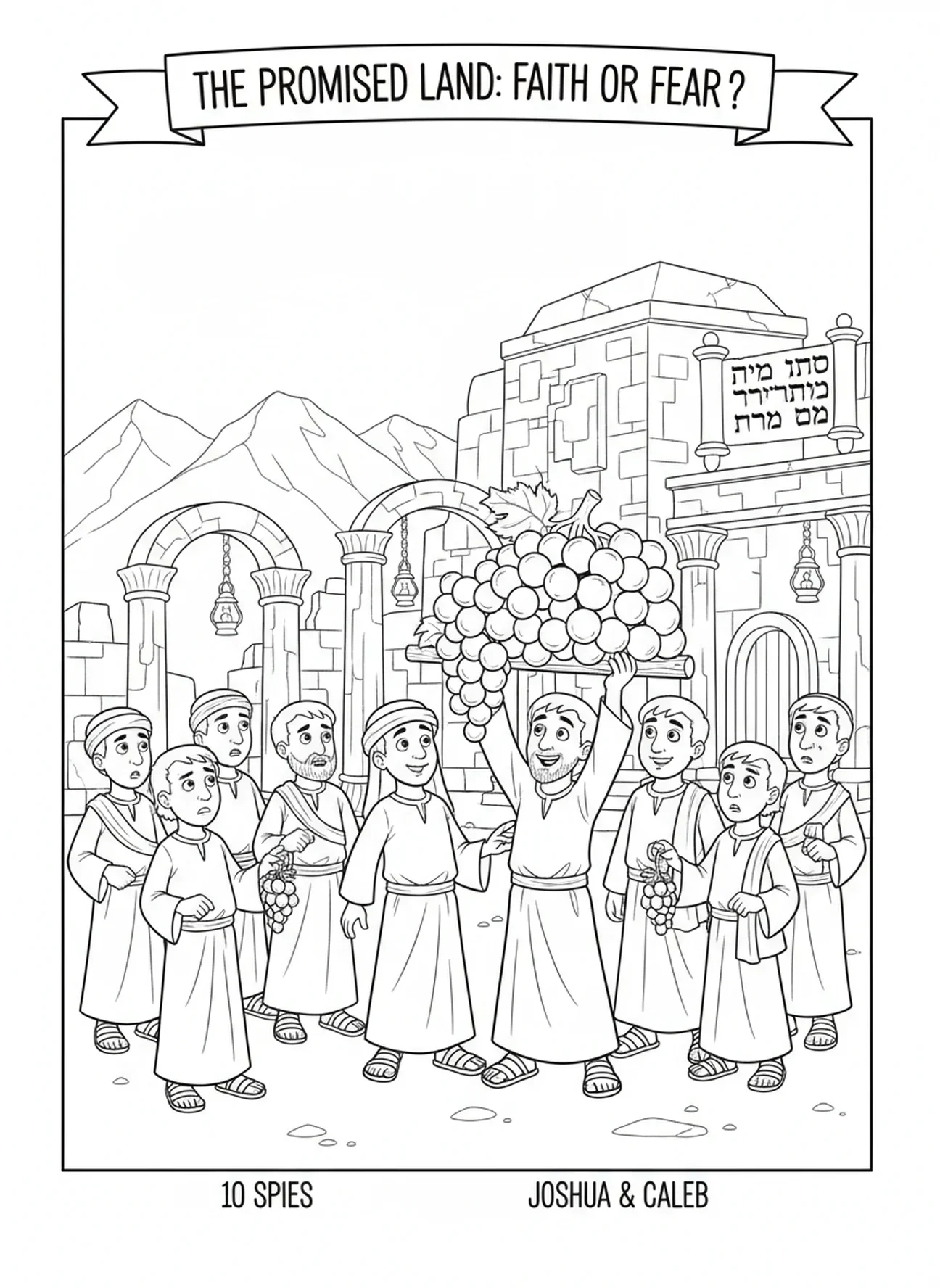 Espions exprimant des doutes, page à colorier des Douze Espions pour les enfants de l'École du dimanche âgés de 5 à 12 ans.