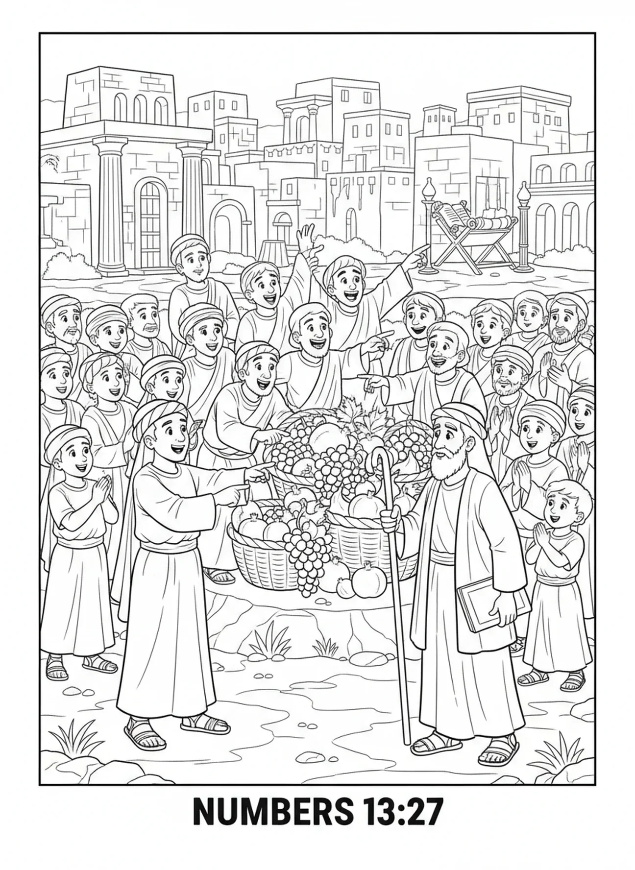 Douze espions rapportant à Moïse, page à colorier Douze Espions pour les enfants de l'École du dimanche âgés de 5 à 12 ans.