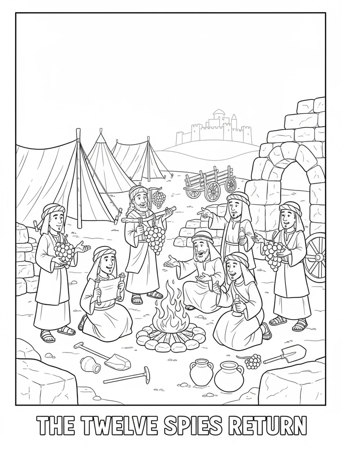Douze espions autour d'un feu, page à colorier des Douze Espions pour les enfants de l'École du dimanche âgés de 5 à 12 ans.